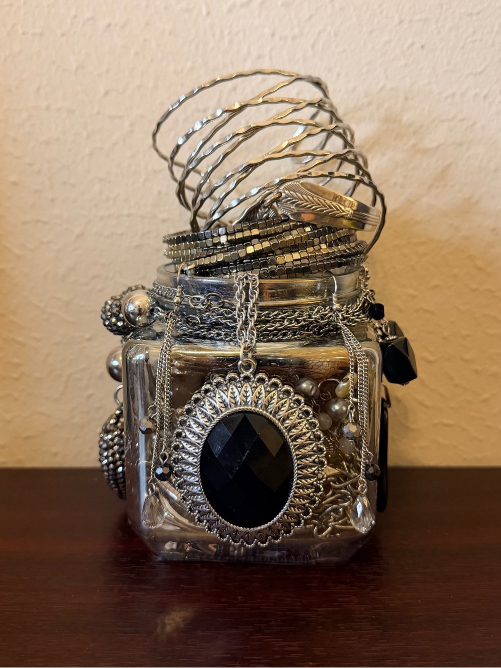 Mystery Jewelry Jar - Edgy Glam Theme Silver Tone Black Biker Vtg-Mod